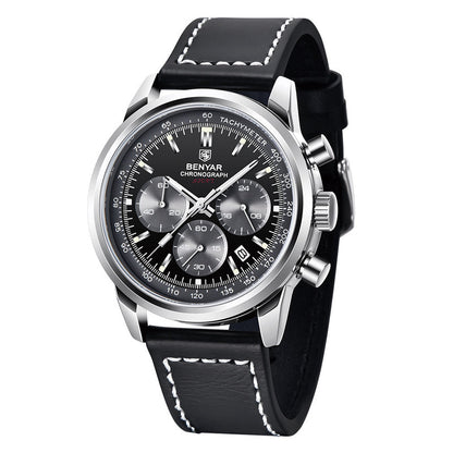 BENYAR quartz watch with black dial, silver-tone case and black strap with white stitching