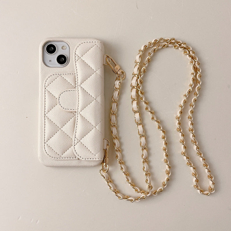 Quilted light-colored phone crossbody case with gold chain strap, camera cutouts visible