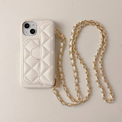 Quilted light-colored phone crossbody case with gold chain strap, camera cutouts visible
