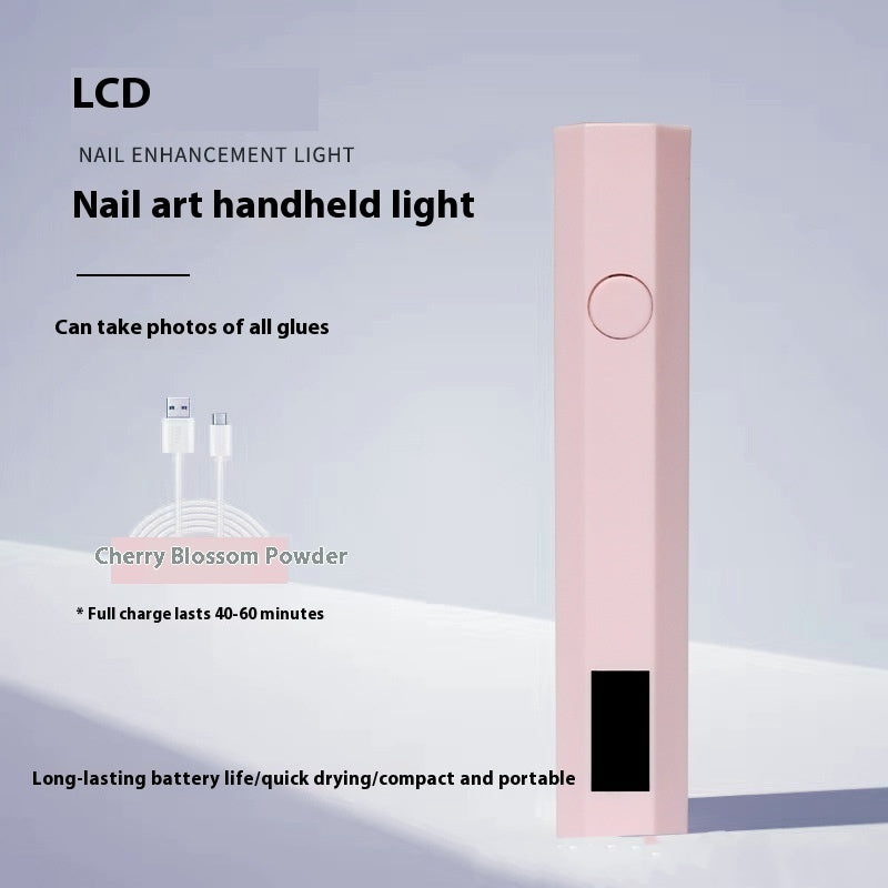 Pink nail art handheld light with features listed on a gray background