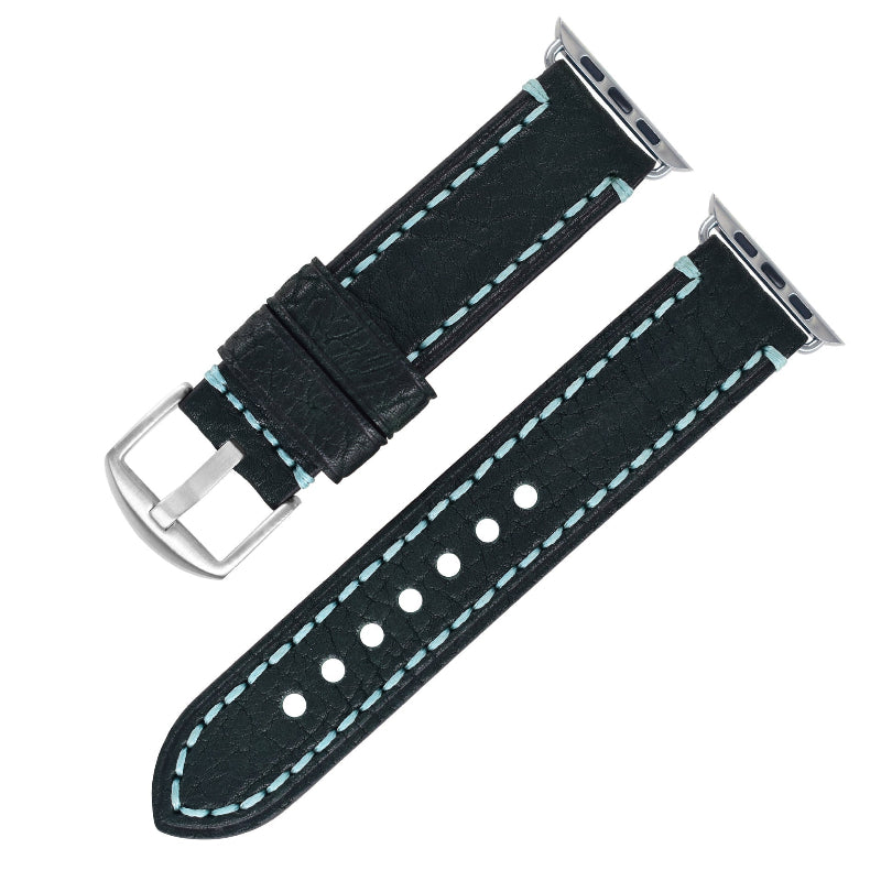 Black watch strap with silver buckle on a white background