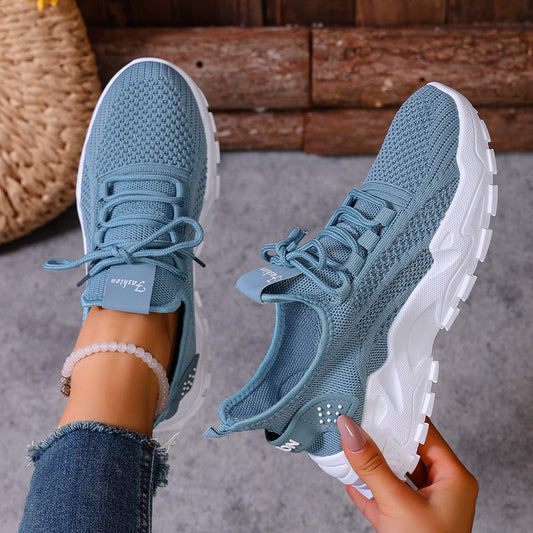 Blue knit lightweight women's sneakers, lace-up with cushioned sole