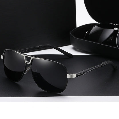 Black silver frame sunglasses with gray film on a dark background