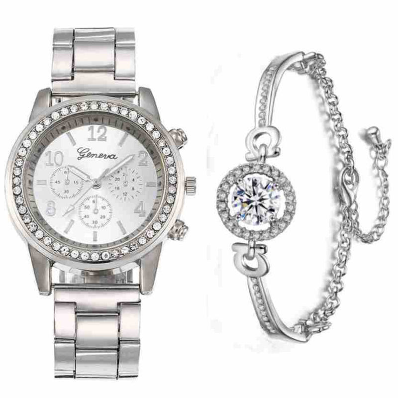 Silver quartz watch with crystal bezel and matching chain bracelet with round crystal charm