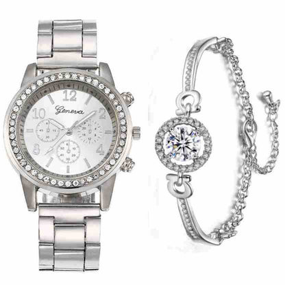 Silver quartz watch with crystal bezel and matching chain bracelet with round crystal charm