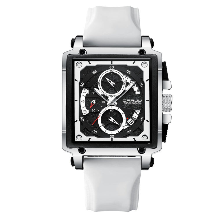 Watch with a white strap and black face on a white background