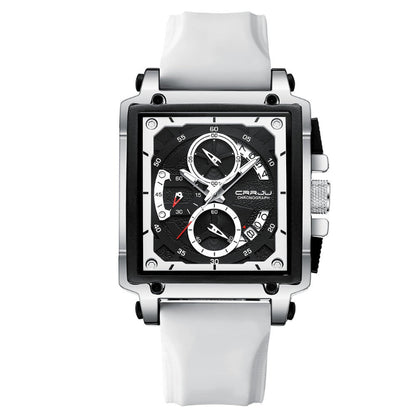 Watch with a white strap and black face on a white background