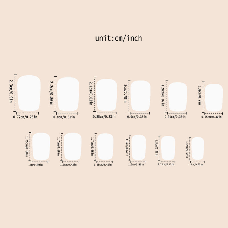 Press-on nail size chart showing blank oval tips with measurement guides