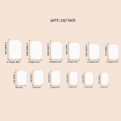 Press-on nail size chart showing blank oval tips with measurement guides