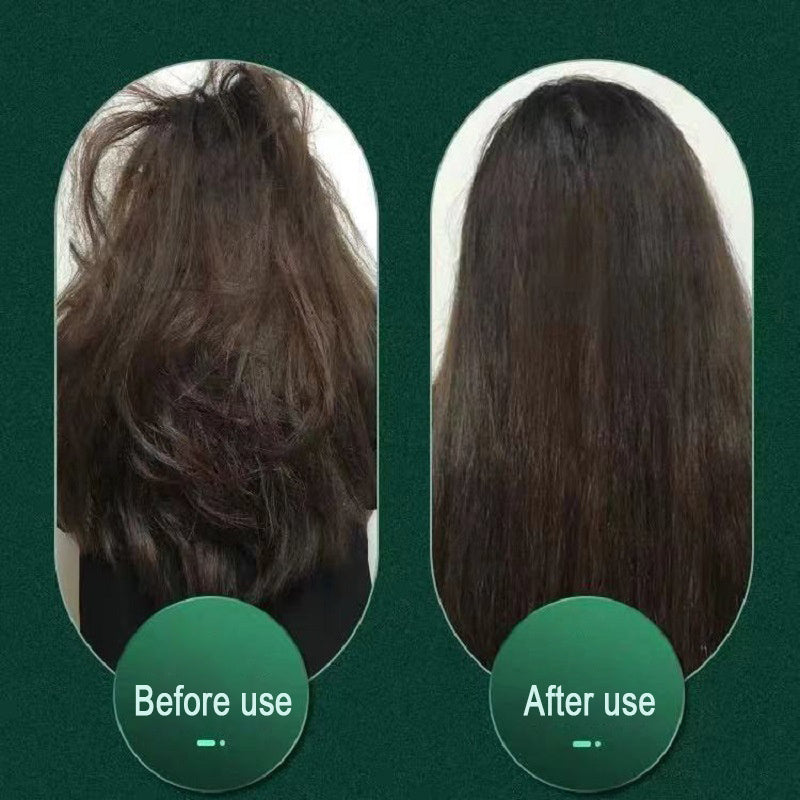 Before and after comparison of hair treatment on a green background