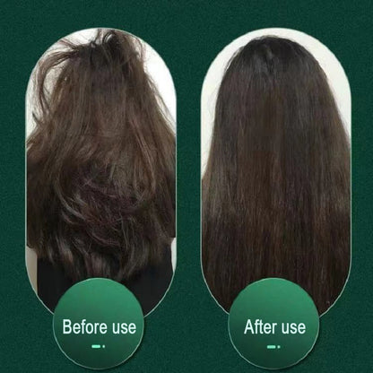 Before and after comparison of hair treatment on a green background
