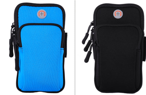 Blue and black running phone pouches with black trim, zipper closures, and side attachment