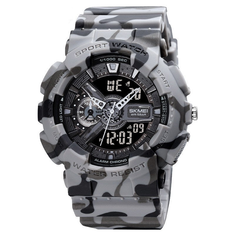 Camouflage-patterned sports watch with digital and analog display on a white background
