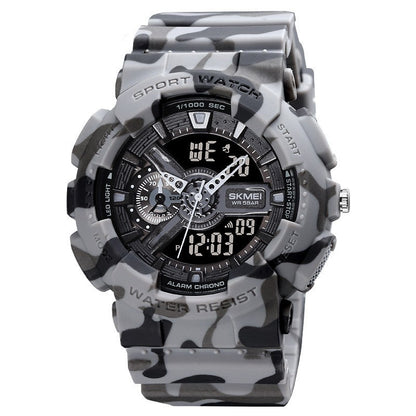 Camouflage-patterned sports watch with digital and analog display on a white background
