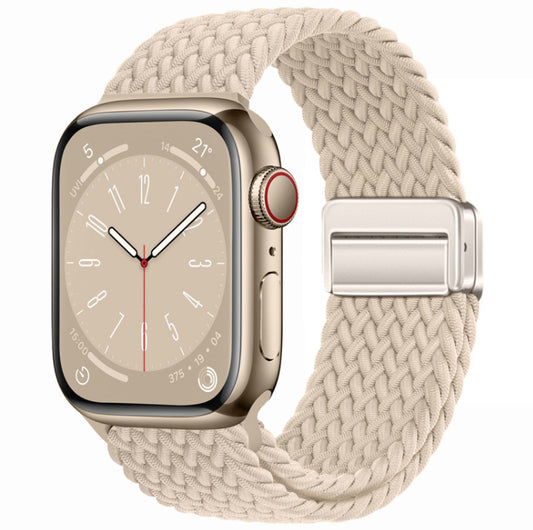 Smartwatch with a beige woven strap on a white background