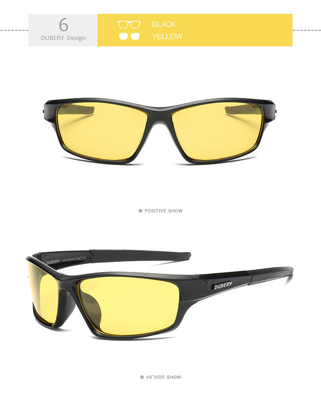 Men's polarized sports sunglasses, black frame, yellow mirrored lenses