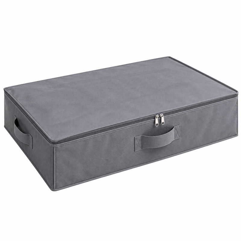 Grey fabric under-bed storage organizer with zippered top and handles