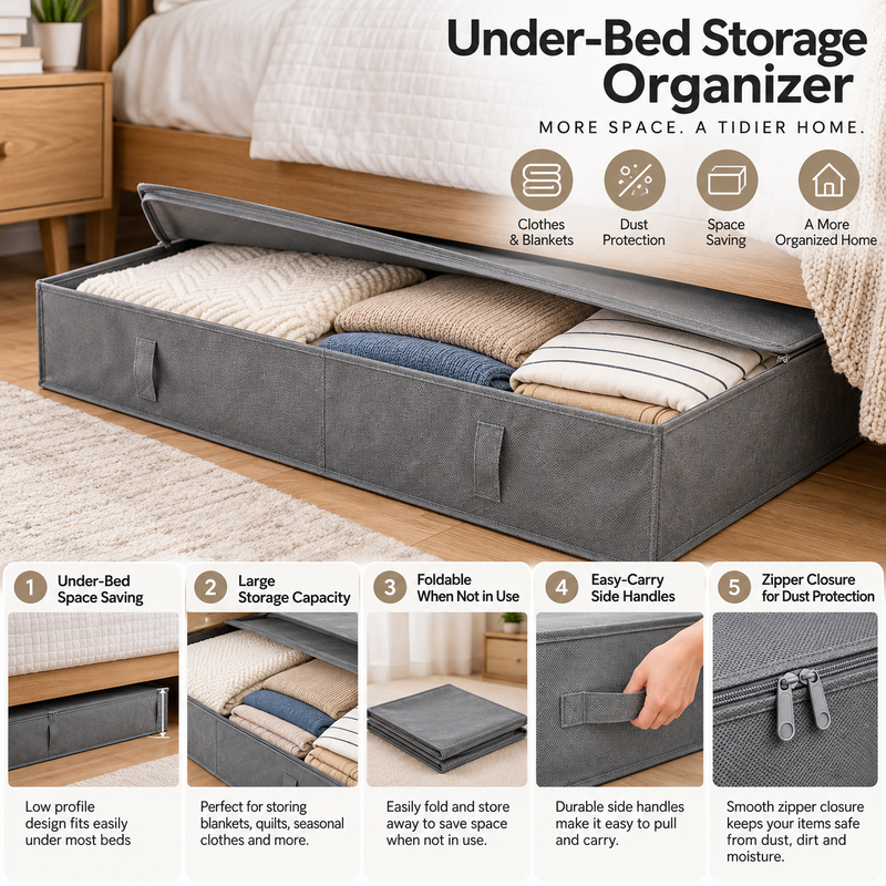 Fabric bedding storage organizer with carry handles