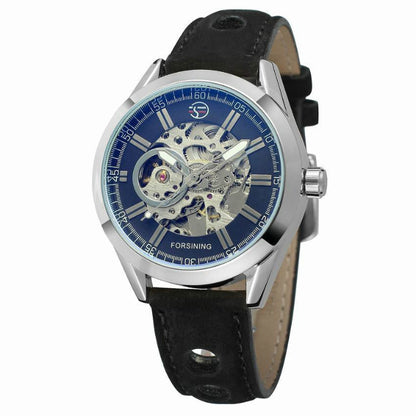 Watch with black leather strap and blue dial on a white background
