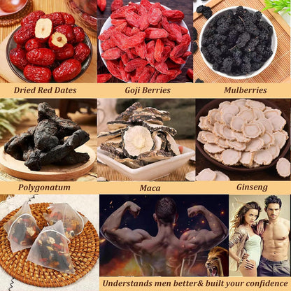 Dried tea ingredients assortment: red dates, goji berries, mulberries, ginseng slices