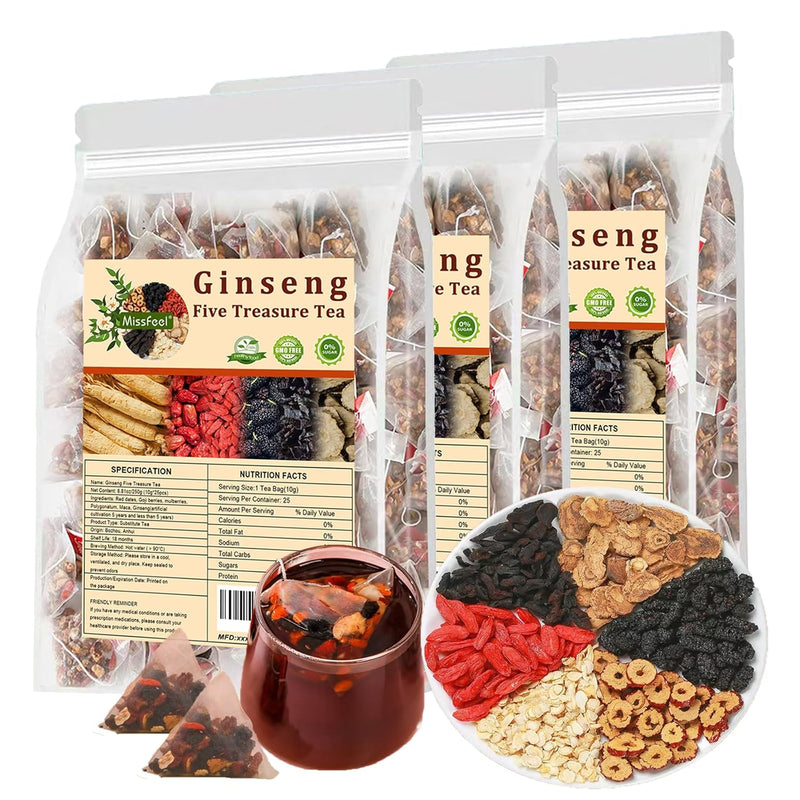 Ginseng five treasure tea bags set with clear pouches and assorted dried ingredients
