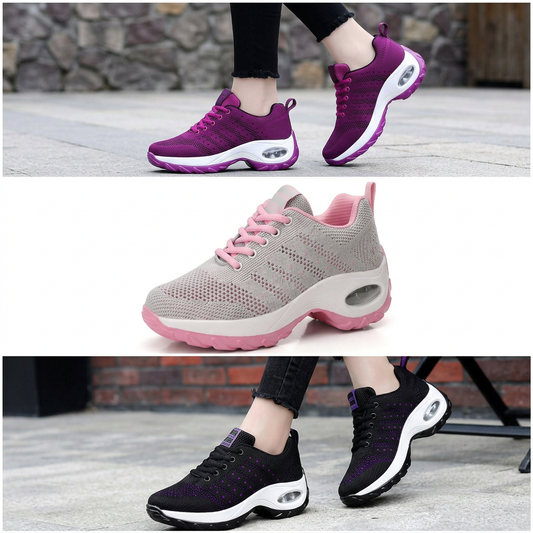 Women's walking sneakers in purple, grey with pink accents, and black