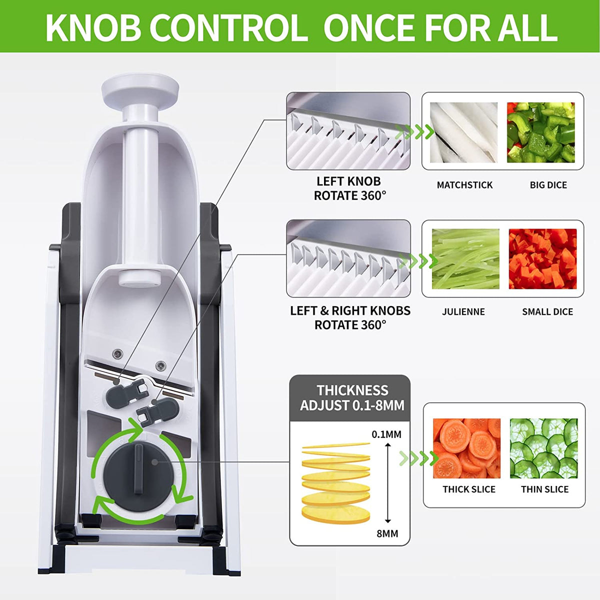 Manual vegetable mandoline slicer with adjustable knob and julienne/dice blades