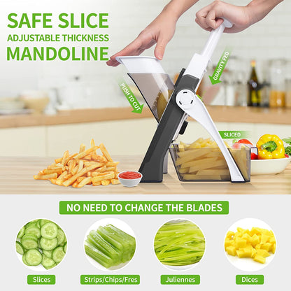 Manual vegetable mandoline slicer with adjustable thickness guide for safe cuts