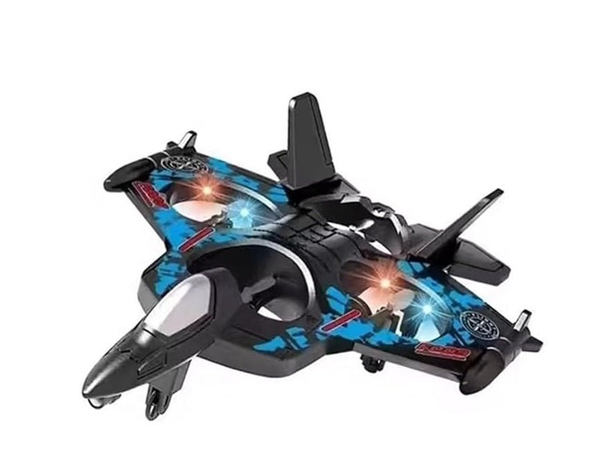 Remote control fighter jet toy, black with blue lights and decals