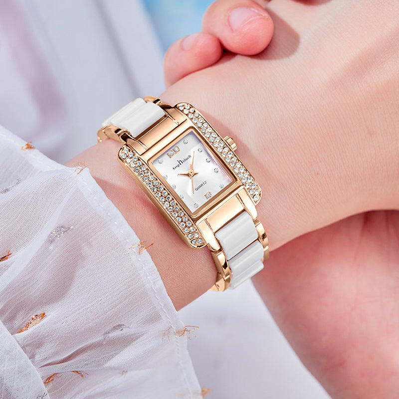Elegant women’s square watch in rose gold with crystal accents