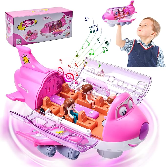 Pink rotating electric airplane toy with open cabin and seated figures