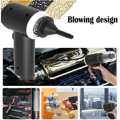 Handheld blower nozzle blasting air, shown cleaning an engine compartment