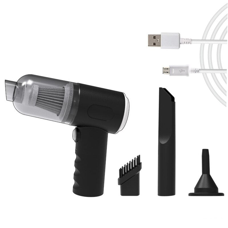 Handheld blower vacuum tool with silver intake grille and black motor housing, plus small brush