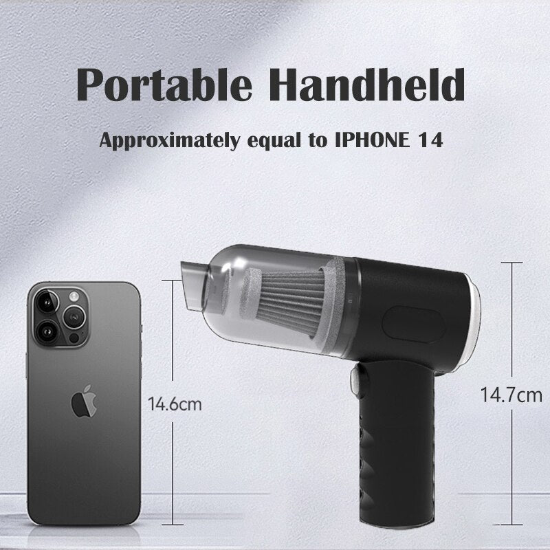 Portable handheld vacuum blower, silver intake tube and black grip, shown with size reference