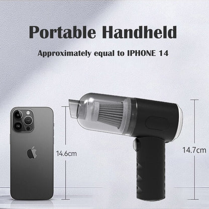 Portable handheld vacuum blower, silver intake tube and black grip, shown with size reference