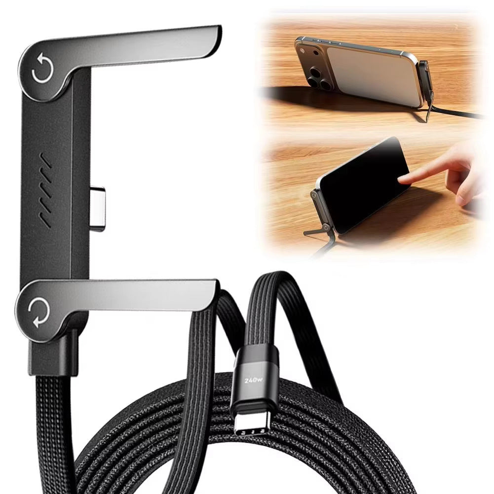 T-shaped USB-C charging cable with folding phone stand, view 1