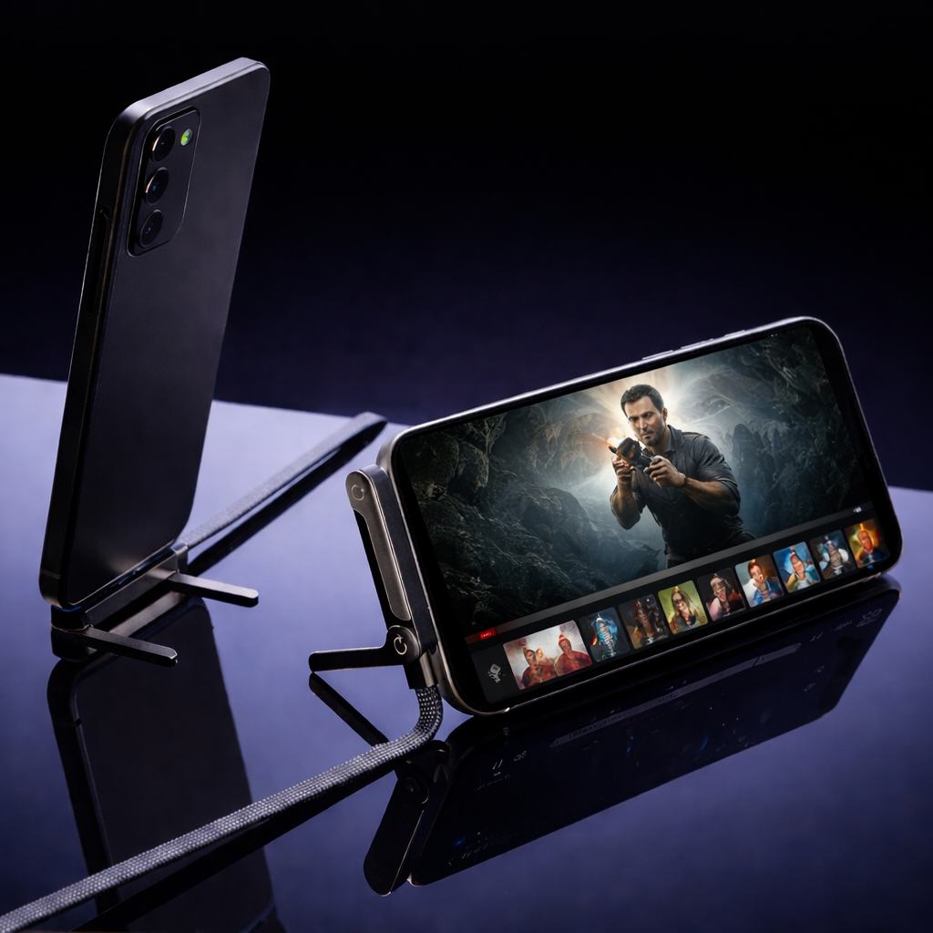 T-shaped USB-C charging cable with folding phone stand, view 2