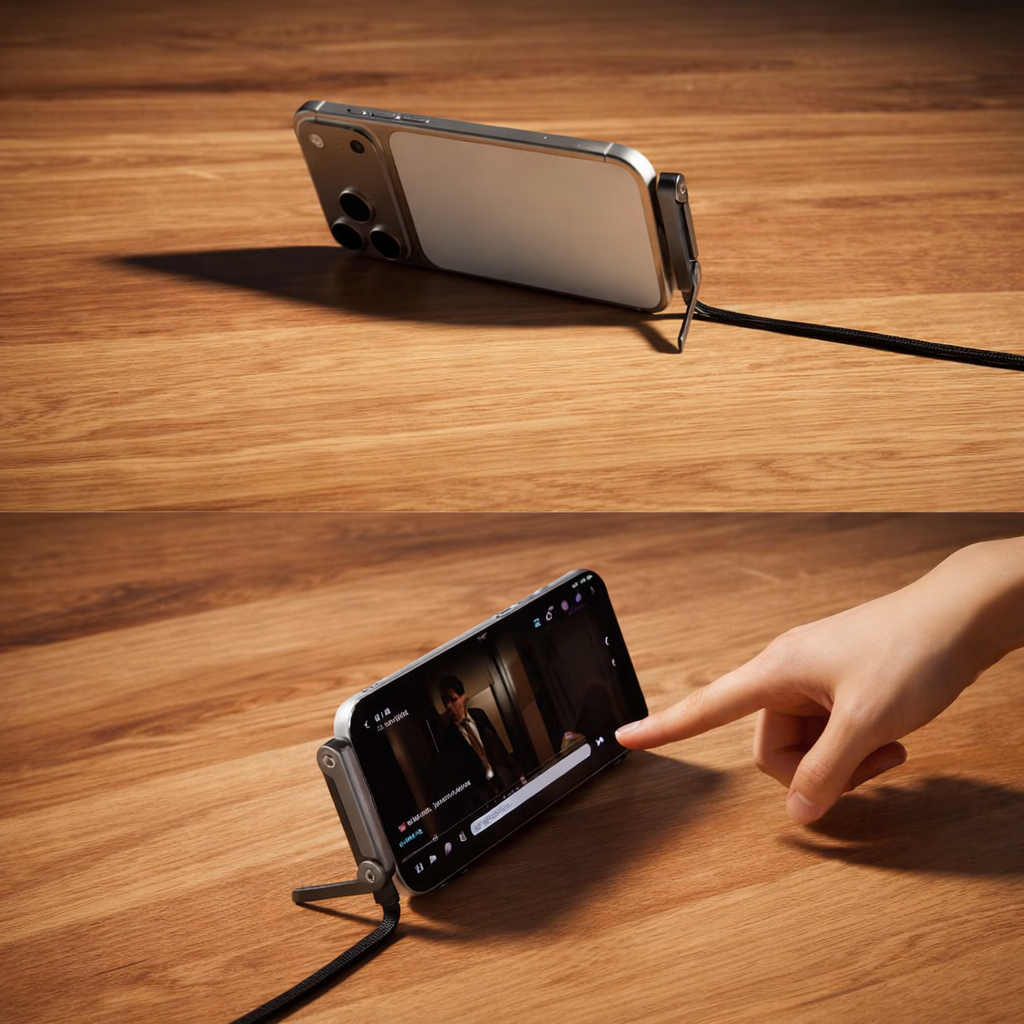 T-shaped USB-C charging cable with folding phone stand, view 4