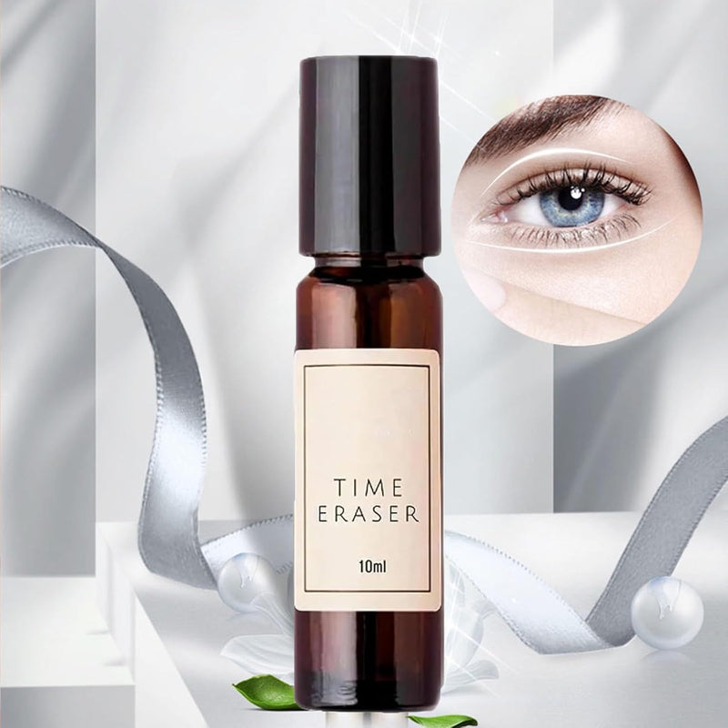 Eye essence oil bottle, 10 ml, dark brown glass with cap and label.