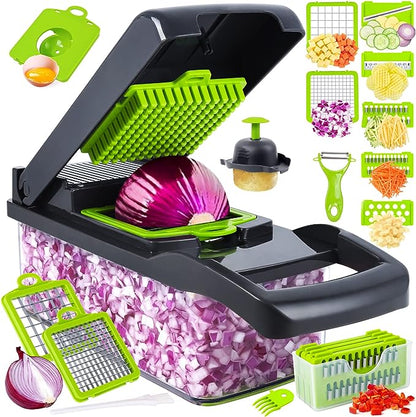 Manual vegetable slicer chopper with green grater insert and purple shred tray