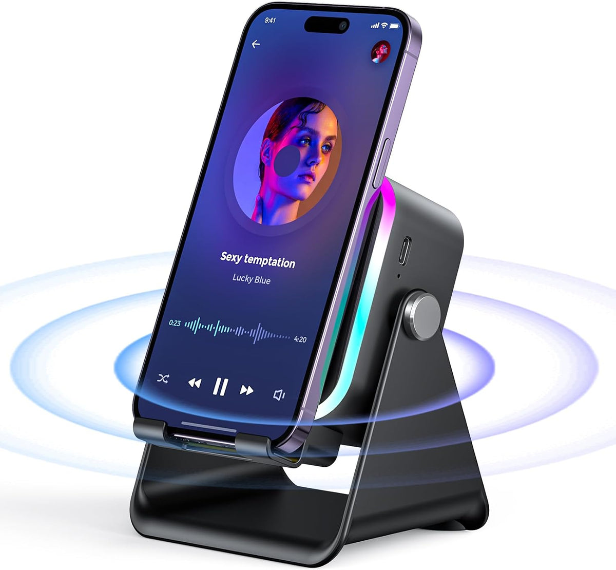 Wireless induction Bluetooth speaker and angled phone stand, view 1