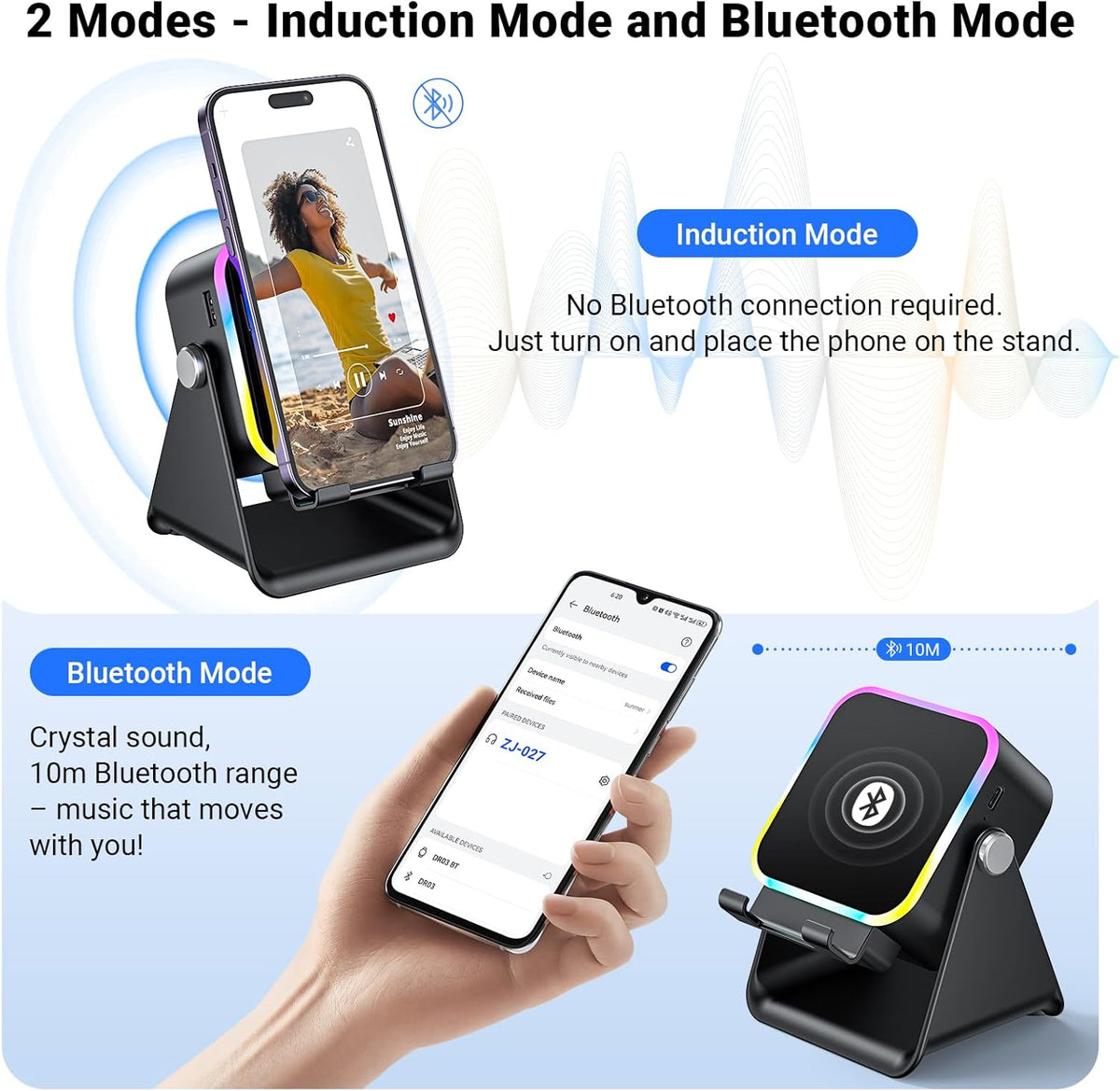 Wireless induction Bluetooth speaker and angled phone stand, view 2