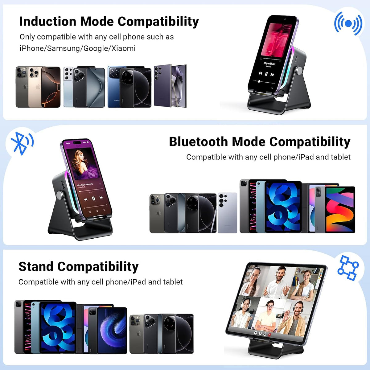Wireless induction Bluetooth speaker and angled phone stand, view 3