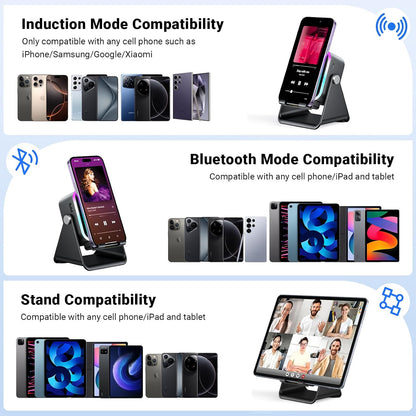 Wireless induction Bluetooth speaker and angled phone stand, view 3