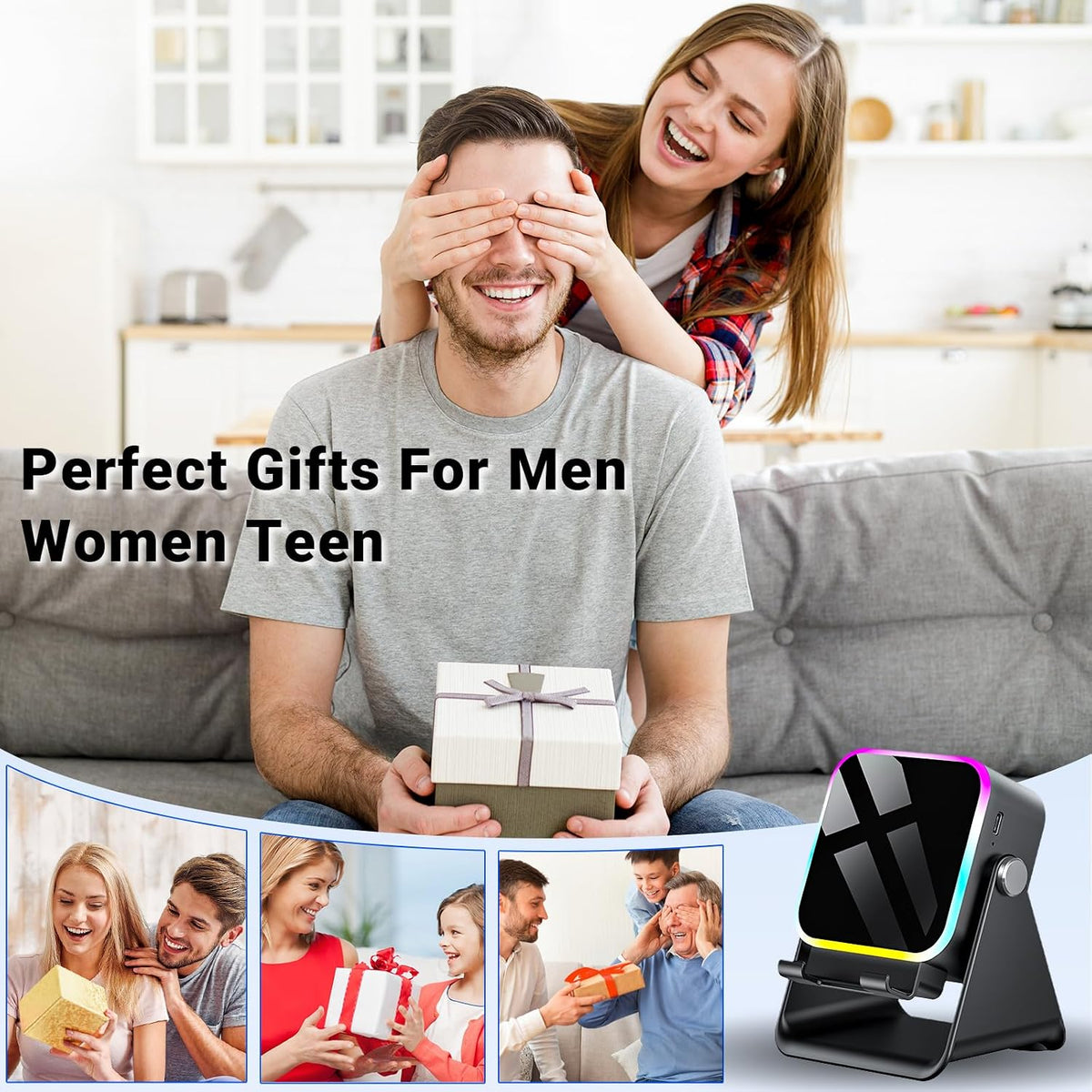 Wireless induction Bluetooth speaker and angled phone stand, view 4