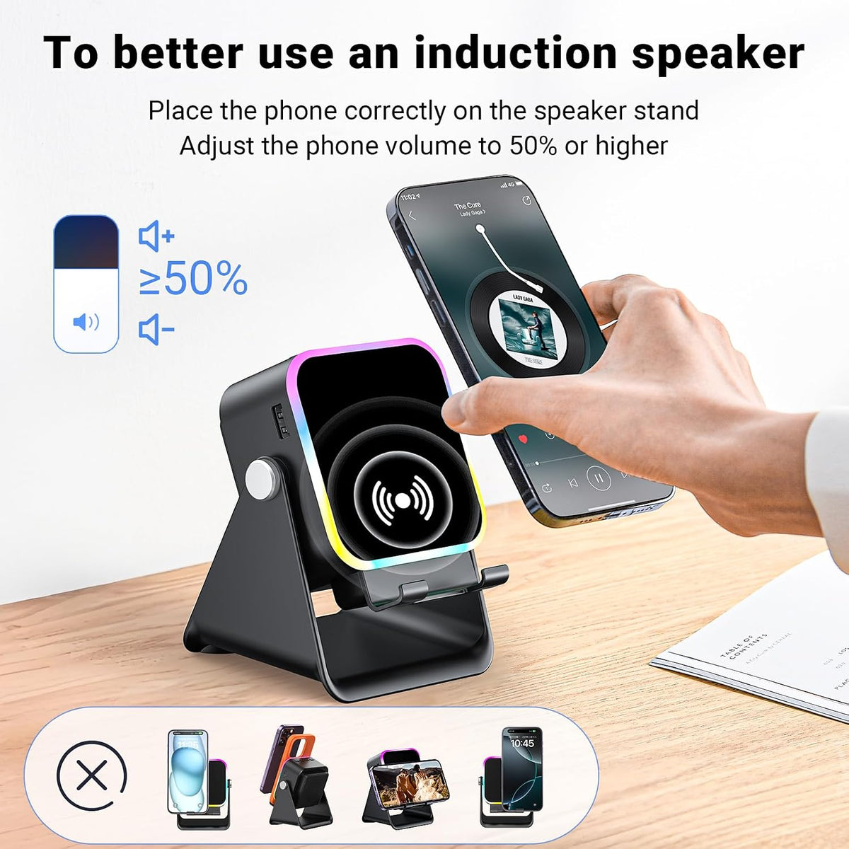 Wireless induction Bluetooth speaker and angled phone stand, view 5