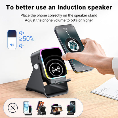 Wireless induction Bluetooth speaker and angled phone stand, view 5