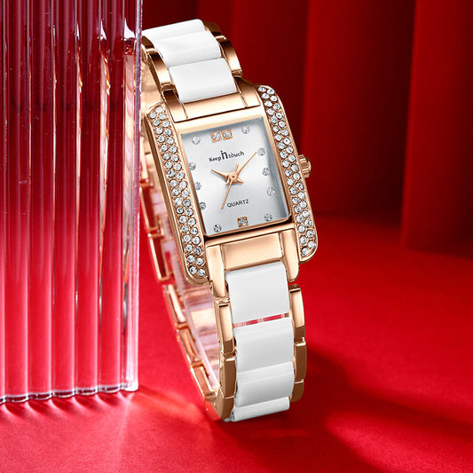 Women’s rose gold square quartz watch with rhinestone bezel