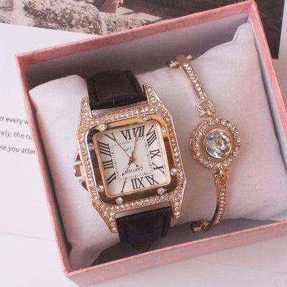 Women’s square rhinestone quartz watch with black leather strap and rhinestone charm bracelet