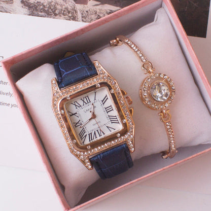 Women’s square rhinestone quartz watch with blue strap and gold-tone charm bracelet set